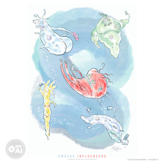 🦠 Influenceurs amibes – Depuis le Précambrien - 📱 Illustration humoristique • Satire numérique • Science fiction illustrée  Dans une mare primitive, des protozoaires font leur show avec portables et poses virales. Une satire visuelle d