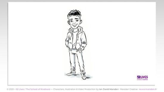52 Lives : ouverture narrative — Première scène d’une vidéo explicative illustrée, pensée pour installer le ton, guider le regard et poser le récit. Un exemple de storytelling visuel au service d’une communication sensible, lisible et str