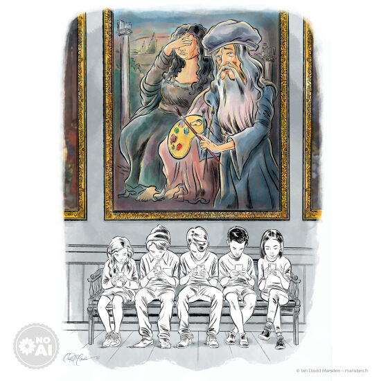 🖼️ Visite au musée – Le silence des modèles - 🎨 Illustration culturelle • Satire douce • Critique contemporaine  Dans une salle du Louvre, un peintre barbu, à l’allure de Léonard de Vinci, s’applique à peindre deux modèles fé