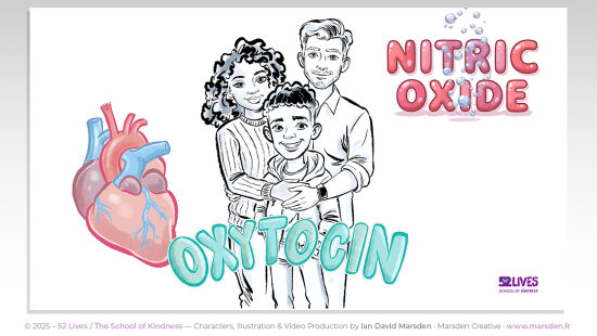 52 Lives : oxytocine et apaisement — Visuel illustré autour de l’apaisement et du lien humain, conçu pour une vidéo explicative à forte dimension pédagogique. L’image combine douceur, lisibilité et explication visuelle dans un registre ac