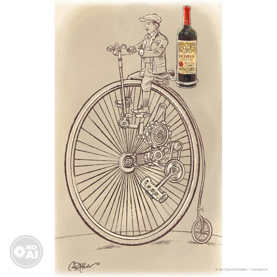 🍷 Vers le Pétrus – Fantaisie cyclo-œnologique 🚴‍♂️ Illustration rétro-futuriste • Humour visuel • Vin d’exception  Sur un fond clair sans décor superflu, un gentleman moustachu enfourche un penny-farthing — cette bicyclette