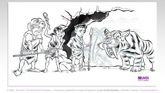 52 Lives : la caverne / le repli intérieur — Scène narrative évoquant l’isolement ou le retrait émotionnel dans une vidéo explicative dessinée. Cette illustration montre comment la narration visuelle peut clarifier un état intérieur avec
