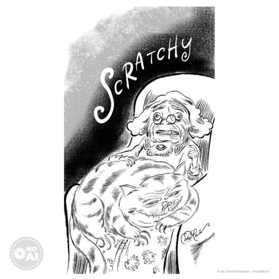 😾 Madame Scratchy – Chat tyrannique en noir & blanc - 🖤 Humour graphique • Illustration éditoriale • Ligne claire expressive  Une maîtresse élégante, rigide, supporte stoïquement l’étreinte possessive d’un félin géant. En