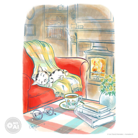 Cocooning — sieste de chaton au coin du feu — Illustration chaleureuse montrant un adorable chaton endormi devant une cheminée, dans un style d’illustration éditoriale élégant qui peut aussi s’appliquer à l’édition jeunesse, aux livre