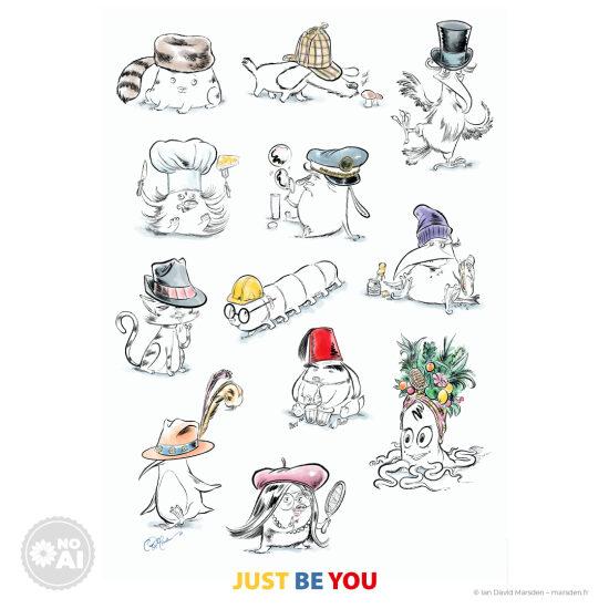 🍄 Just Be You – Forêt des excentriques 🐾 Illustration jeunesse • Création de personnages • Univers animalier  Un chien renifleur de champignons, une créature coiffée d’un raton laveur, un corbeau au bonnet croque un sandwich… Cett