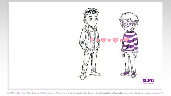 52 Lives : Sam, empathie II — Variante de scène autour de l’empathie et de la relation à l’autre, développée dans un registre sensible et clair. Cette illustration prolonge le storytelling visuel de la vidéo avec cohérence et douceur.