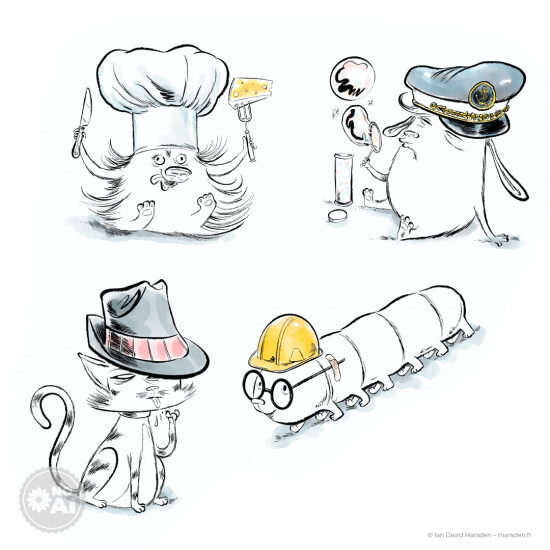 🧀 Le Chef, le Capitaine et le Détective – Détail “Just Be You” - 🧑‍🍳 Art de personnage • Illustration éditoriale • Ligne à l’encre  Un quatuor insolite : un chef cuisinier fier, un capitaine au monocle, un détective félin