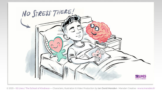 52 Lives : sortir du stress — Illustration de transition entre tension et apaisement, conçue pour rendre un message psychologique plus clair. Un exemple de pédagogie visuelle et d’illustration explicative au service d’une narration accessible