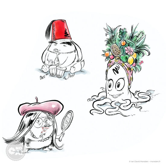 🍍 Carmen Calamar & le Poète Stylé – Portraits croisés - 🎭 Portrait stylisé • Illustration culturelle • Humour visuel  Carmen Miranda, tentacules au vent ; un poète dépressif ; une pieuvre parisienne élégante… Trois personnal