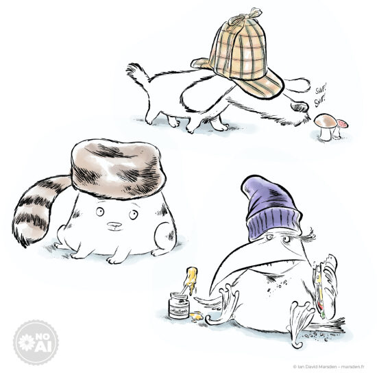 🕵️‍♂️ Le détective et l’oiseau à la moutarde – Just Be You (détail) - 🧃 Création de personnages • Humour visuel • Illustration jeunesse  Un détective félin au regard perçant, une mouette un peu louche avec un pot de mouta