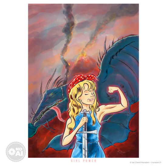 🗡️ Girl Power – Rosie tueuse de dragon - 🔥 Illustration jeunesse engagée • Féminisme illustré • Conte visuel  Une jeune héroïne brandit son poing devant un dragon fumant, dans une mise en scène entre conte de fée et manifeste fé