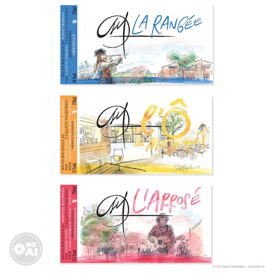 🍷 O Mas Troquet – Étiquettes de vin illustrées à la main - 🎨 Illustration d’étiquettes de vin • Packaging artisanal • Illustration de terroir  Trois étiquettes originales – La Rangée, L’Ô et L’Arrosé – conçues pour refl