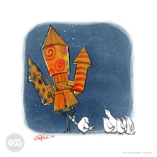 🕊️ Rocket Birds – Compte à rebours explosif - 🐦 Satire visuelle • Humour illustré • Illustration jeunesse décalée  Un groupe d’oiseaux blancs s’affaire autour d’une gigantesque fusée armée de manière absurde… Un moment su