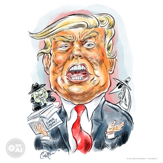 📦 Secrets de salle de bain – Satire politique illustrée - 💣 Caricature • Illustration politique • Humour éditorial  Un personnage public exubérant veille jalousement sur ses “super documents secrets”, pendant que deux espions de ba