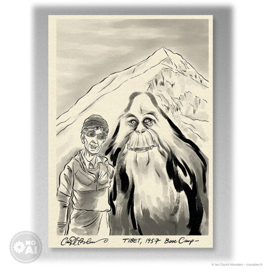 🏔️ Rencontre avec le Yéti – Camp de base, 1957 - 🖋️ Illustration à l’encre numérique  • Aventure vintage • Humour conceptuel  Dans un style faux-documentaire en lavis noir et blanc, un alpiniste pose calmement à côté d’un Y