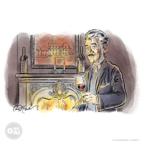 🍷 Soirée au château – Élégance au coin du feu - 🔥 Illustration de style de vie • Branding vinicole • Ambiance aquarelle  Un gentleman raffiné lève son verre devant une cheminée crépitante, dans un intérieur feutré où chaque dé