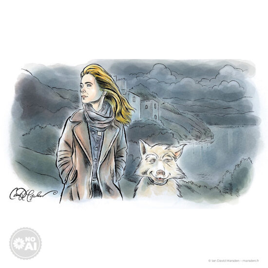 🏰 La promeneuse, le château et le chien blanc souriant - 🐶 Illustration narrative • Poésie visuelle • Ambiance contemplative  Une femme marche seule, enveloppée dans un manteau, devant les murs d’un château endormi. À ses côtés, un