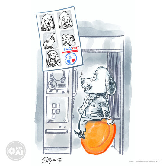 📸 Cabine photo – Portrait bureaucratique canin -🐕 Illustration éditoriale • Humour administratif • Scène typiquement française  Un petit chien tente désespérément d’obtenir la photo d’identité parfaite dans une cabine automatiq