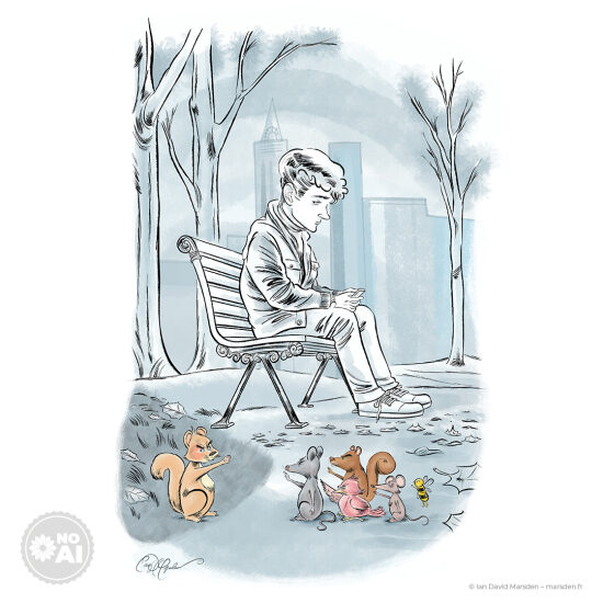 🪑 Rencontre étrange au parc - 🌳 Fable visuelle • Illustration jeunesse • Commentaire social  Un garçon absorbé par son écran est entouré d’animaux des bois… qui semblent bien plus conscients que lui. Cette scène douce-amère inter