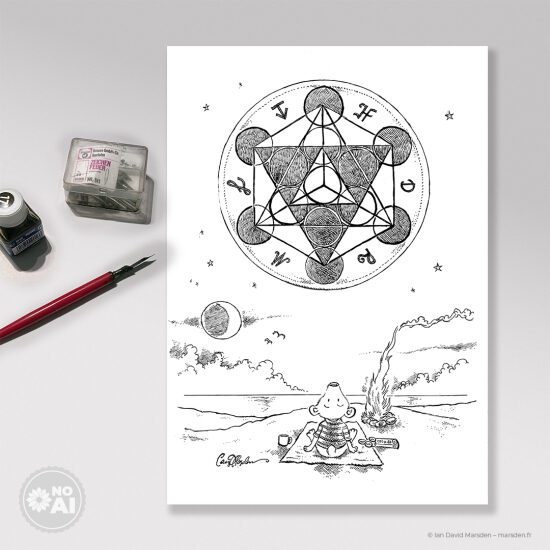🖋️ Méditation sous la géométrie sacrée – Cube de Métatron - Un personnage méditatif en posture assise sous le Cube de Métatron, symbole d’équilibre et d’interconnexion. Entièrement dessiné à la plume trempée sur papier fin, ce