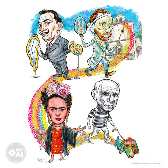 🎨 Les Maîtres – Parade des géants de l’art 🖌️ Caricature artistique • Illustration culturelle • Hommage illustré  Dali, Van Gogh, Frida Kahlo, Picasso… Chaque maître avance dans une version stylisée et vivante, hommage à leur
