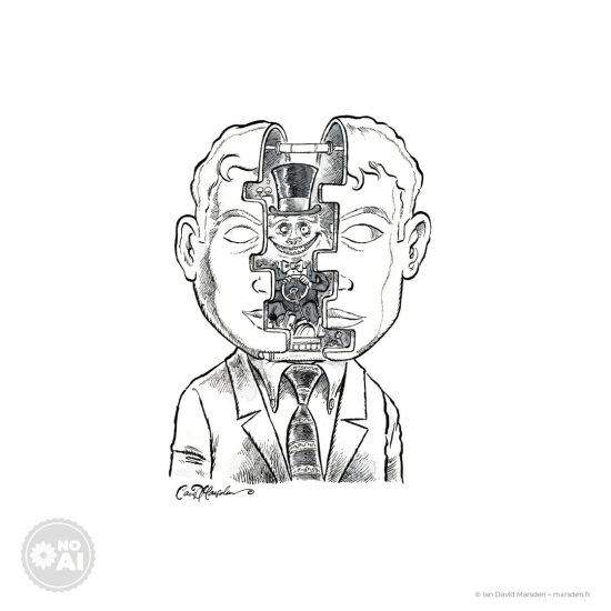 🧠 Autoportrait – Le mécanisme intérieur - ⚙️ Illustration conceptuelle • Lavis à l’encre • Surréalisme introspectif  Une tête ouverte révèle une créature à engrenages coiffée d’un chapeau haut-de-forme. Entre automate et es