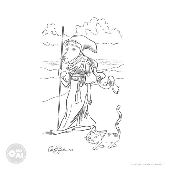🧳 Le Nomade et le Chat - 🌊 Illustration contemplative • Ligne claire monochrome • Identité & voyage  Une silhouette solitaire, drapée, longe un rivage accompagnée d’un chat observateur. Quelques lignes seulement suffisent à suggé