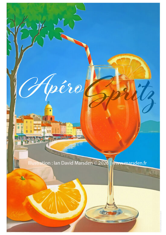 Apéro Spritz — affiche St Tropez Retro en style travel poster Affiche illustrée dans un style inspiré des posters de voyage, de la Riviera, des affiches publicitaires vintage et de la communication lifestyle. Ce visuel combine illustration déco