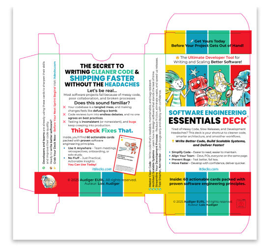 Software Engineering Essentials Deck — design de packaging sur gabarit Conception du packaging et du design de boîte pour un jeu de cartes pédagogique consacré au développement logiciel. Ce visuel montre un travail de design éditorial, directi