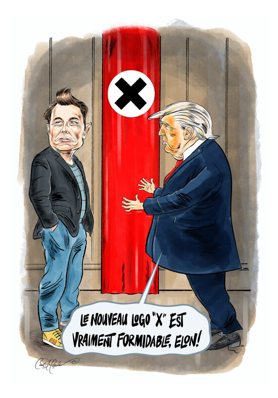 Le nouveau logo X — Dessin de presse consacré à l’identité visuelle, à la culture numérique et à la transformation des symboles publics. Une illustration éditoriale au trait nerveux et contemporain, entre satire graphique, commentaire visu