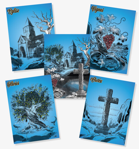 PILLAGE — cartes illustrées et lieux emblématiques — Série de cartes illustrées conçues pour le jeu de société PILLAGE, associant illustration narrative, cartographie imaginaire, design de jeu et univers visuel régional à travers des lie