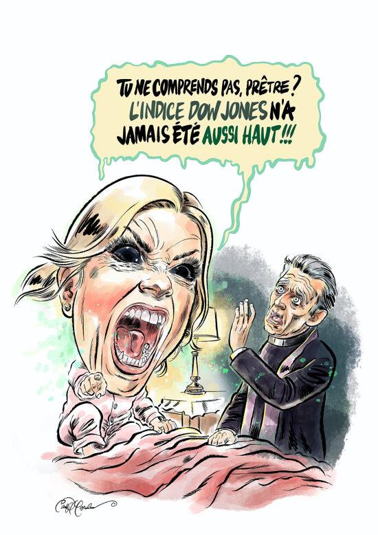 Pam Bondi — exorcisme politique — Dessin de presse au style vif et expressif, mêlant satire politique, caricature contemporaine et narration visuelle. Une illustration éditoriale pensée pour capter immédiatement l’attention par son énergie