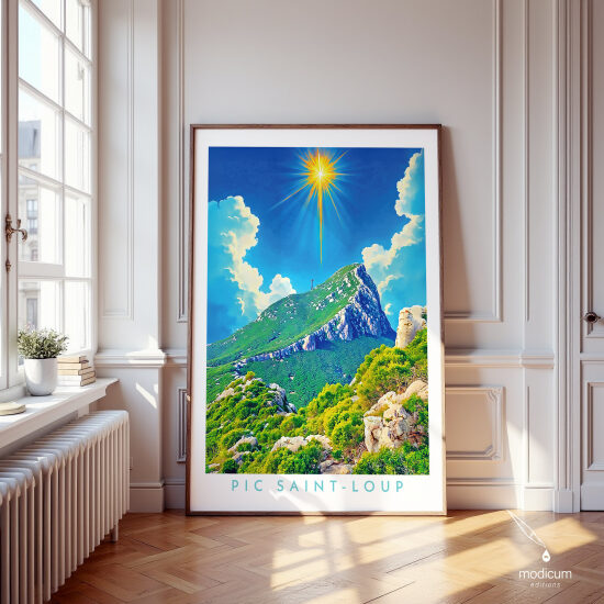 Pic Saint-Loup — Illustration numérique — Illustration de paysage consacrée au Pic Saint-Loup, pensée comme visuel territorial, affiche illustrée et image de communication pour valoriser un site emblématique de l’Hérault dans un style soi