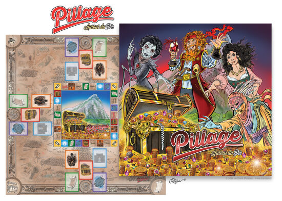 PILLAGE — design de plateau et personnages pour jeu de société — Direction artistique, illustration de personnages et design de plateau réalisés pour le jeu de société PILLAGE, dans une approche de design narratif, illustration BD, univers