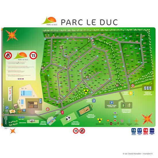 Parc Le Duc — plan d’orientation, signalétique et système d’icônes — Projet de cartographie illustrée, signalétique et communication visuelle pour un site en Occitanie, avec un travail de hiérarchie graphique, pictogrammes et lisibilit