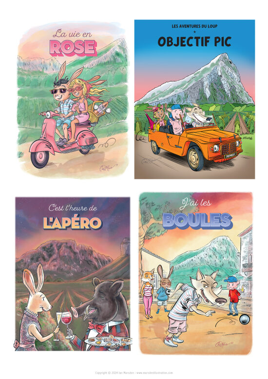 Personnages en Occitanie — animaux, BD et humour graphique — Illustration de personnages dans un esprit bande dessinée, mettant en scène des animaux en situation avec un ton léger et narratif : parties de boules, deux lapins sur une Vespa, li