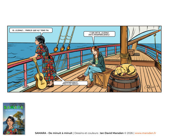 Samara — BD sur le bateau, scène d’ouverture — Planche de bande dessinée et illustration narrative montrant une scène à bord d’un bateau, dans un registre de visual storytelling, de roman graphique et de BD couleur réalisé par un illust