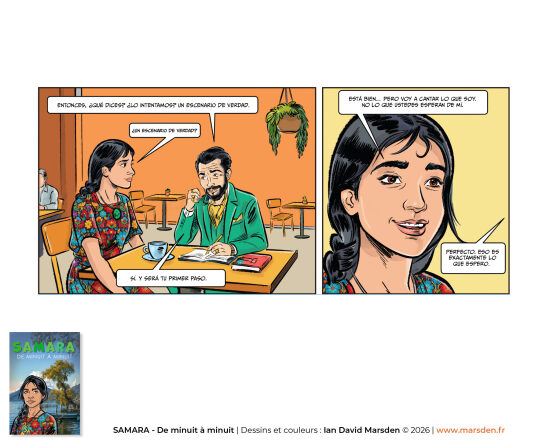 Samara — scène de café en bande dessinée — Planche de BD installée dans un café, entre illustration narrative, dialogue dessiné et visual storytelling, dans un style de dessinateur de bande dessinée mêlant atmosphère, personnage et rythm
