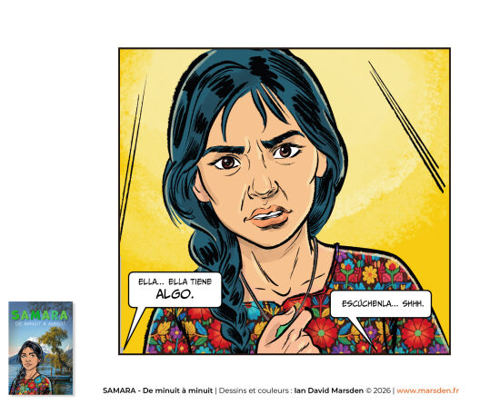 Samara — portrait jaune, tension dramatique — Illustration de bande dessinée à forte intensité émotionnelle, avec cadrage serré et couleur expressive, dans une démarche de roman graphique, de dessinateur de BD et d’illustration dramatique