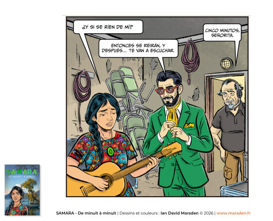 Samara — scène de concert en BD — Planche de BD musicale associant personnages, énergie scénique et narration visuelle dans un style de graphic novel, d’illustration séquentielle et de dessin narratif contemporain.