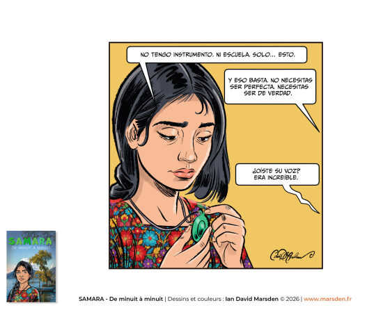 Samara — scène dialoguée, version espagnole — Planche de BD centrée sur le visage, l’émotion et le dialogue, conçue dans une logique de visual storytelling, d’illustration narrative et de comic artist pour projet de roman graphique.