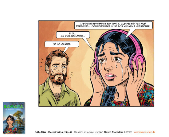 Samara — écoute au casque, scène introspective — Illustration de bande dessinée autour de la musique, de l’écoute et de l’intériorité, dans un style de BD couleur, roman graphique et dessin narratif sensible réalisé en France.