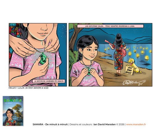 Samara — moment partagé au bord du lac — Illustration narrative en bande dessinée construite autour d’une scène au lac, entre émotion, décor et storytelling visuel, dans un registre de dessinateur de BD et d’illustration France.