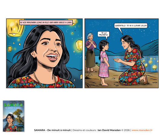 Samara — scène au lac, lumière et narration — Planche de BD située au bord d’un lac, mêlant illustration de paysage, personnages et narration visuelle dans une approche de graphic novel et de bande dessinée d’atmosphère.