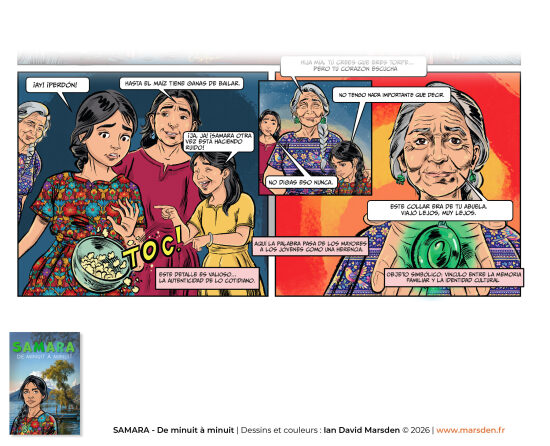 Samara — médaillon et scène de groupe — Planche de bande dessinée mêlant objet narratif, personnages et scène dialoguée, dans une logique d’illustration séquentielle, de comic art et de narration graphique contemporaine.