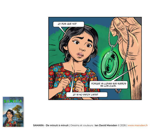 Samara — le médaillon, détail symbolique — Illustration de BD autour d’un objet symbolique intégré à la narration, dans une approche de storytelling visuel, de roman graphique et de dessin de personnage à forte lisibilité.