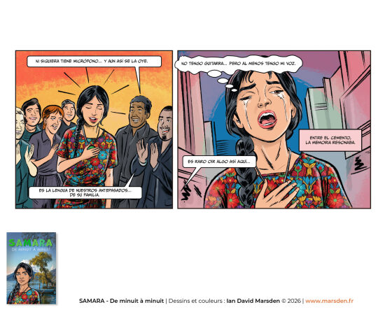 Samara — scène sans guitare, tension de groupe — Planche de BD construite autour d’une interaction de personnages et d’une tension scénique, dans un style de dessinateur de BD, de comic artist et de storytelling visuel.