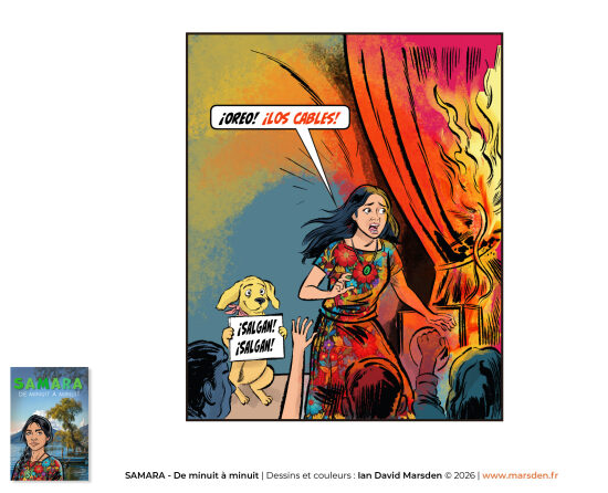 Samara — scène enflammée, intensité dramatique — Planche de comic art et de bande dessinée à forte énergie visuelle, entre musique, spectacle et narration dramatique, pensée dans un esprit de graphic novel contemporain.