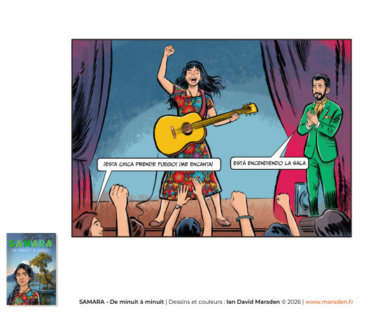 Samara — sur scène, performance musicale — Illustration de bande dessinée consacrée à la scène, au concert et à la présence musicale, avec un travail de BD couleur, d’illustration narrative et de roman graphique.