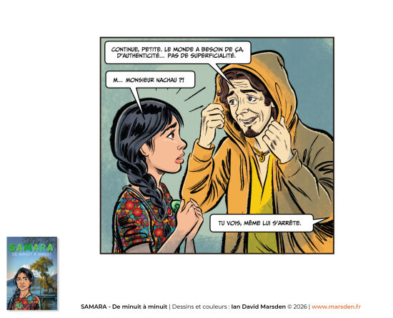 Samara — dialogue à Paris — Illustration de bande dessinée centrée sur les personnages et l’échange, dans une démarche de dessinateur de BD, d’illustration narrative et de comic artist orienté récit.
